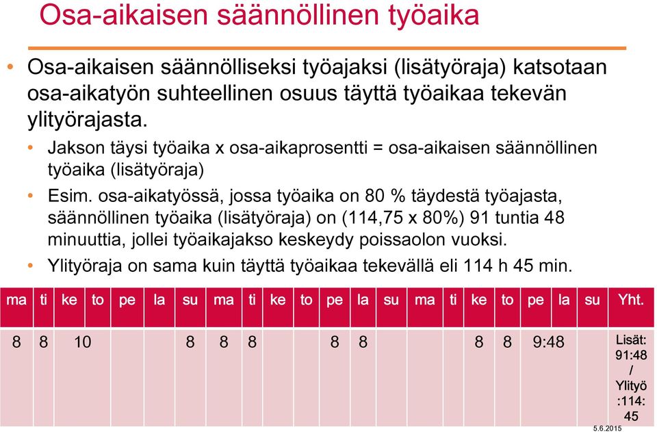 osa-aikatyössä, jossa työaika on 80 % täydestä työajasta, säännöllinen työaika (lisätyöraja) on (114,75 x 80%) 91 tuntia 48 minuuttia, jollei työaikajakso