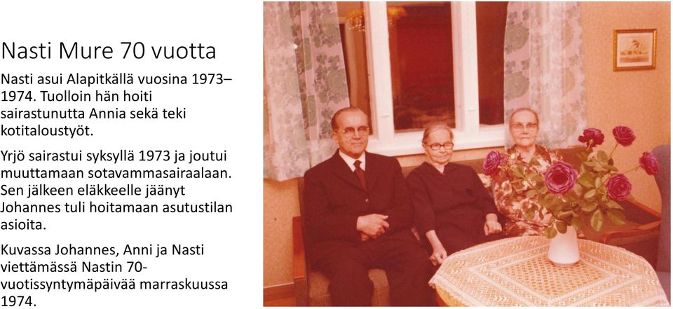 Yrjö sairastui syksyllä 1973 ja joutui muuttamaan sotavammasairaalaan.