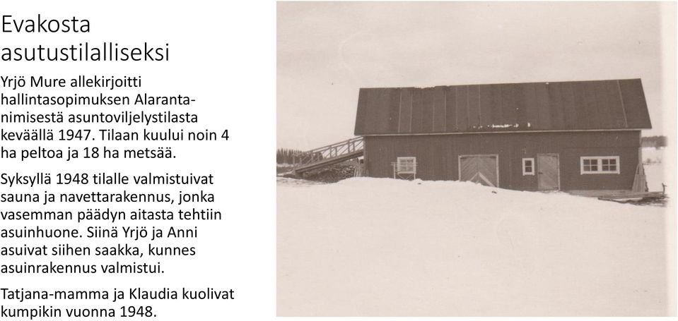 Syksyllä 1948 tilalle valmistuivat sauna ja navettarakennus, jonka vasemman päädyn aitasta tehtiin