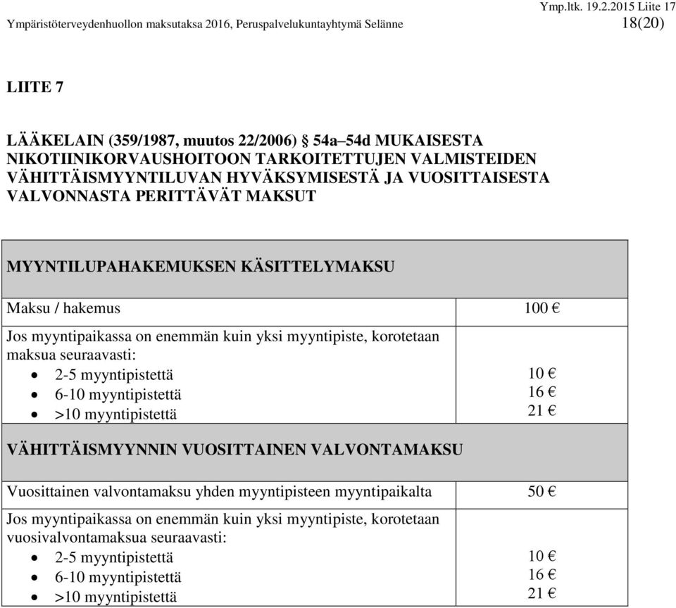 yksi myyntipiste, korotetaan maksua seuraavasti: 2-5 myyntipistettä 6-10 myyntipistettä >10 myyntipistettä VÄHITTÄISMYYNNIN VUOSITTAINEN VALVONTAMAKSU 10 16 21 Vuosittainen valvontamaksu