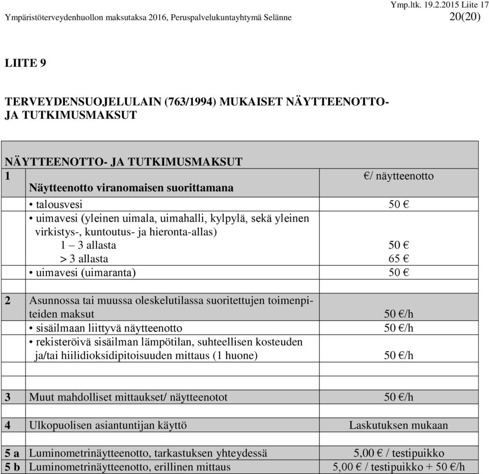 uimavesi (uimaranta) 50 2 Asunnossa tai muussa oleskelutilassa suoritettujen toimenpiteiden maksut sisäilmaan liittyvä näytteenotto rekisteröivä sisäilman lämpötilan, suhteellisen kosteuden ja/tai