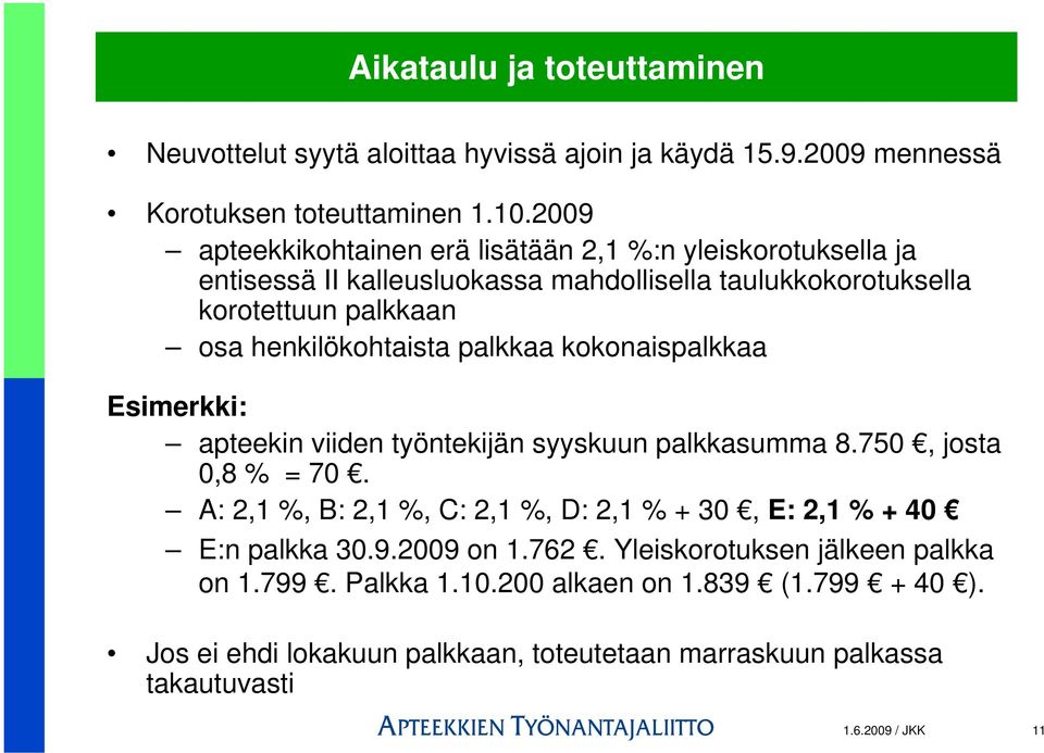 henkilökohtaista palkkaa kokonaispalkkaa Esimerkki: apteekin viiden työntekijän syyskuun palkkasumma 8.750, josta 0,8 % = 70.