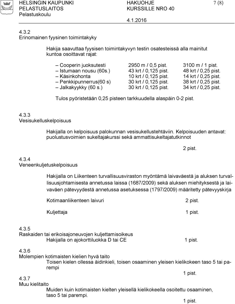 3100 m / Istumaan nousu (60s.) 43 krt / 0,125 pist. 48 krt / 0,25 pist. Käsinkohonta 10 krt / 0,125 pist. 14 krt / 0,25 pist. Penkkipunnerrus(60 s) 30 krt / 0,125 pist. 38 krt / 0,25 pist.