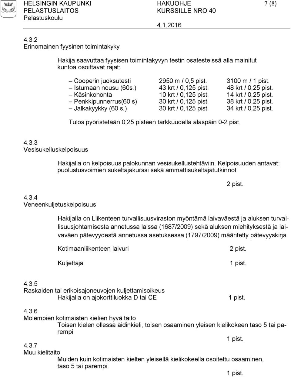 3100 m / Istumaan nousu (60s.) 43 krt / 0,125 pist. 48 krt / 0,25 pist. Käsinkohonta 10 krt / 0,125 pist. 14 krt / 0,25 pist. Penkkipunnerrus(60 s) 30 krt / 0,125 pist. 38 krt / 0,25 pist.