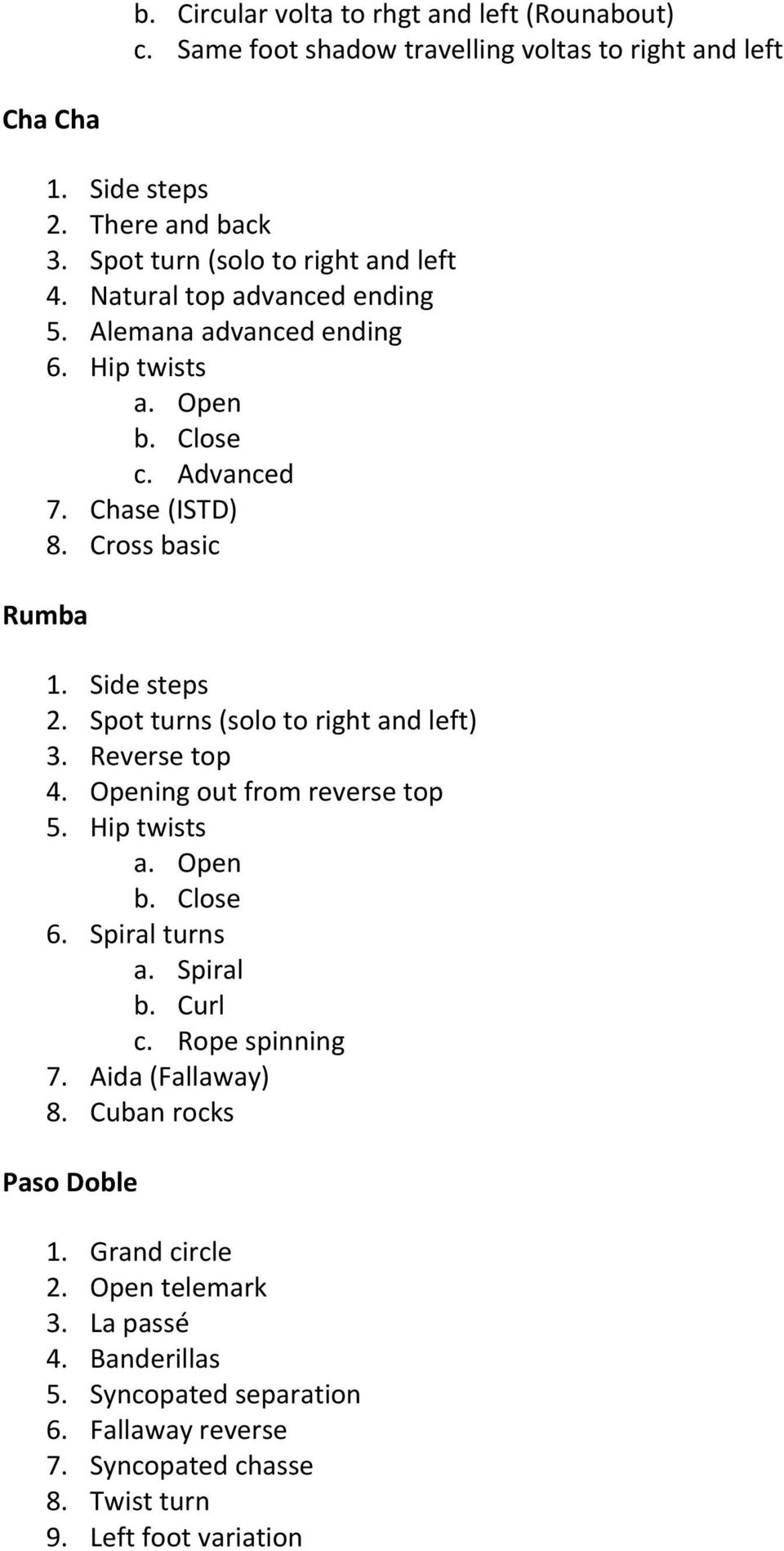 Side steps 2. Spot turns (solo to right and left) 3. Reverse top 4. Opening out from reverse top 5. Hip twists a. Open b. Close 6. Spiral turns a. Spiral b. Curl c.