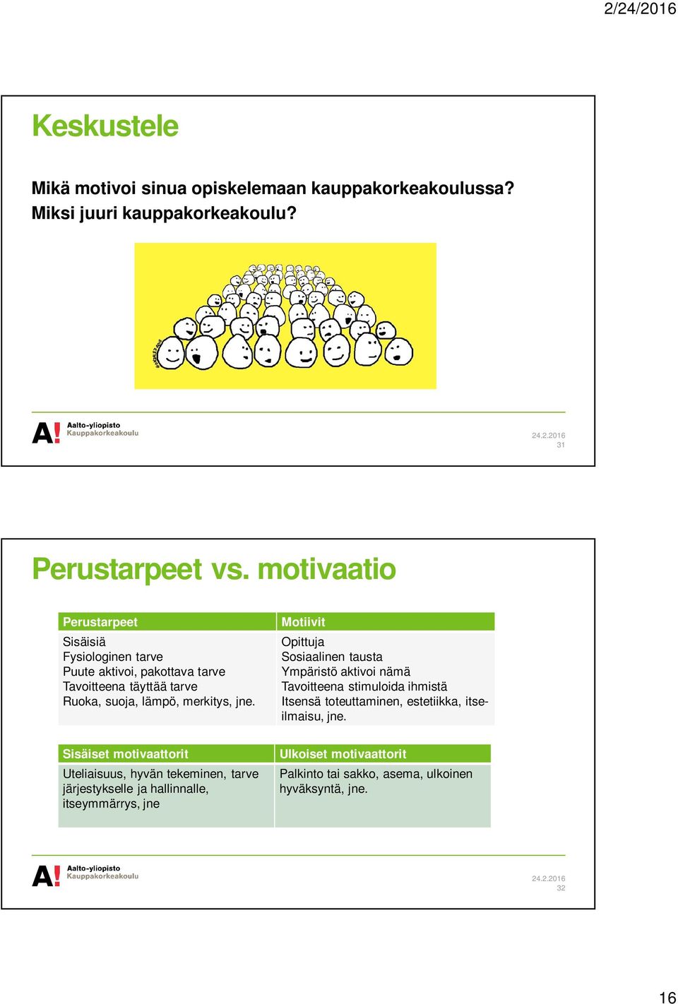 Motiivit Opittuja Sosiaalinen tausta Ympäristö aktivoi nämä Tavoitteena stimuloida ihmistä Itsensä toteuttaminen, estetiikka, itseilmaisu, jne.