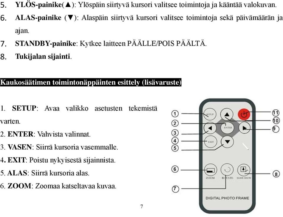 STANDBY-painike: Kytkee laitteen PÄÄLLE/POIS PÄÄLTÄ. 8. Tukijalan sijainti. Kaukosäätimen toimintonäppäinten esittely (lisävaruste) 1.