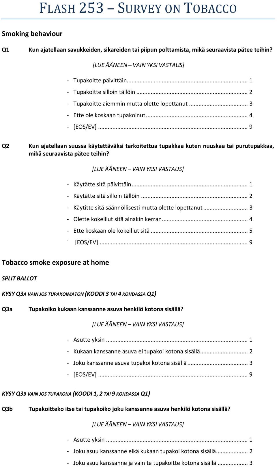 .. 4 Q2 Kun ajatellaan suussa käytettäväksi tarkoitettua tupakkaa kuten nuuskaa tai purutupakkaa, mikä seuraavista pätee teihin? Käytätte sitä päivittäin... 1 Käytätte sitä silloin tällöin.