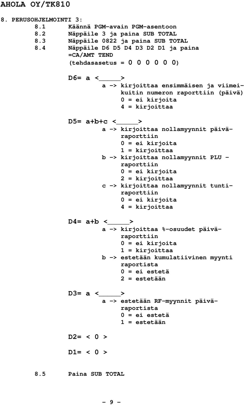 a+b+c < > a -> kirjoittaa nollamyynnit päiväraporttiin 0 = ei kirjoita 1 = kirjoittaa b -> kirjoittaa nollamyynnit PLU - raporttiin 0 = ei kirjoita 2 = kirjoittaa c -> kirjoittaa nollamyynnit