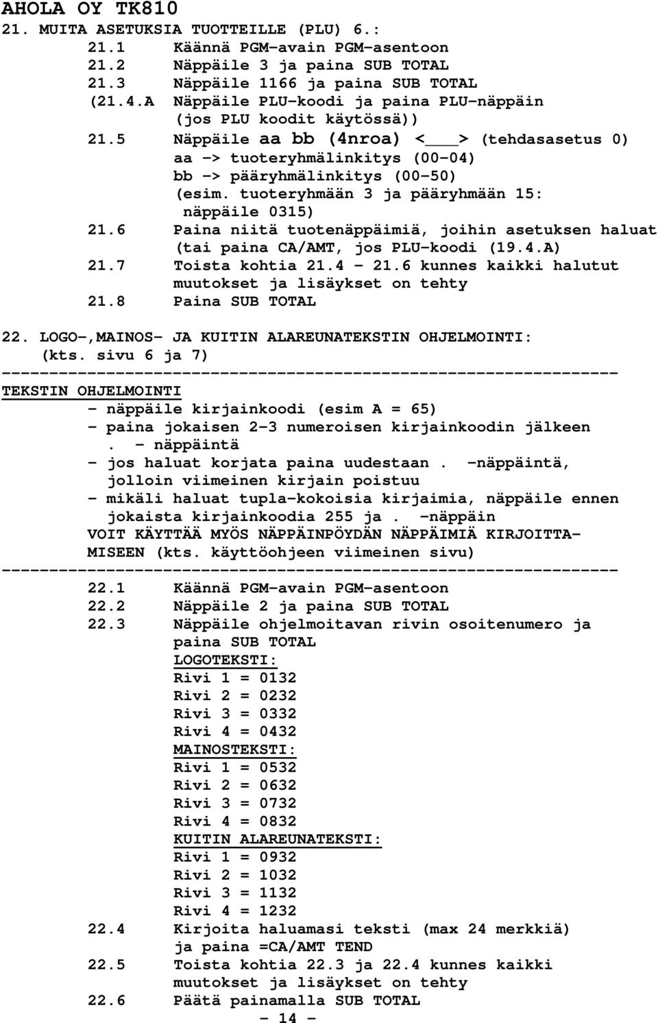 tuoteryhmään 3 ja pääryhmään 15: näppäile 0315) 21.6 Paina niitä tuotenäppäimiä, joihin asetuksen haluat (tai paina CA/AMT, jos PLU-koodi (19.4.A) 21.7 Toista kohtia 21.4-21.