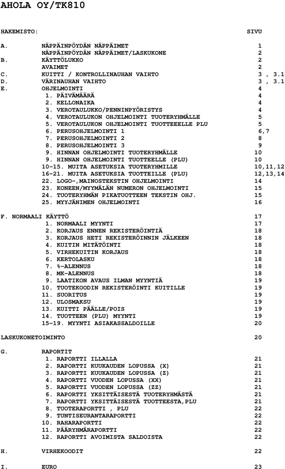 PERUSOHJELMOINTI 2 8 8. PERUSOHJELMOINTI 3 9 9. HINNAN OHJELMOINTI TUOTERYHMÄLLE 10 9. HINNAN OHJELMOINTI TUOTTEELLE (PLU) 10 10-15. MUITA ASETUKSIA TUOTERYHMILLE 10,11,12 16-21.