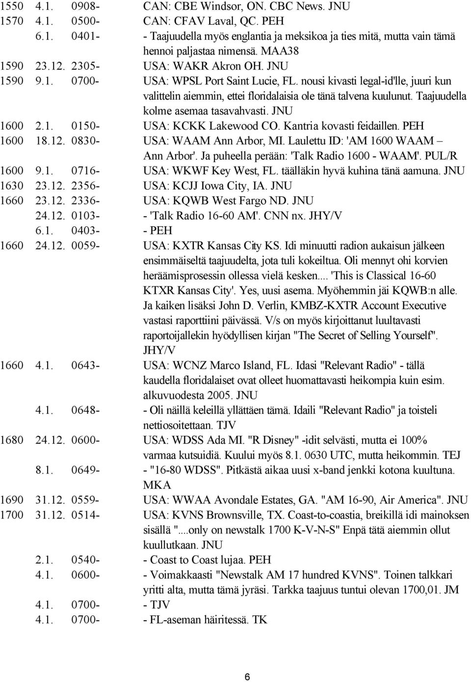 Taajuudella kolme asemaa tasavahvasti. JNU 1600 2.1. 0150- USA: KCKK Lakewood CO. Kantria kovasti feidaillen. PEH 1600 18.12. 0830- USA: WAAM Ann Arbor, MI. Laulettu ID: 'AM 1600 WAAM Ann Arbor'.