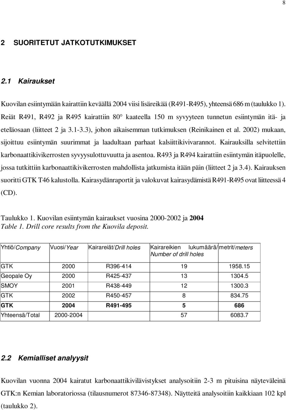 2002) mukaan, sijoittuu esiintymän suurimmat ja laadultaan parhaat kalsiittikivivarannot. Kairauksilla selvitettiin karbonaattikivikerrosten syvyysulottuvuutta ja asentoa.