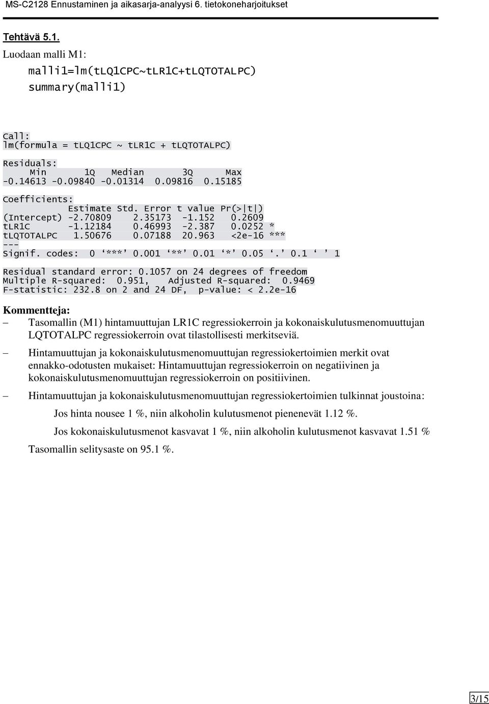 codes: 0 *** 0.001 ** 0.01 * 0.05. 0.1 1 Residual standard error: 0.1057 on 24 degrees of freedom Multiple R-squared: 0.951, Adjusted R-squared: 0.9469 F-statistic: 232.8 on 2 and 24 DF, p-value: < 2.