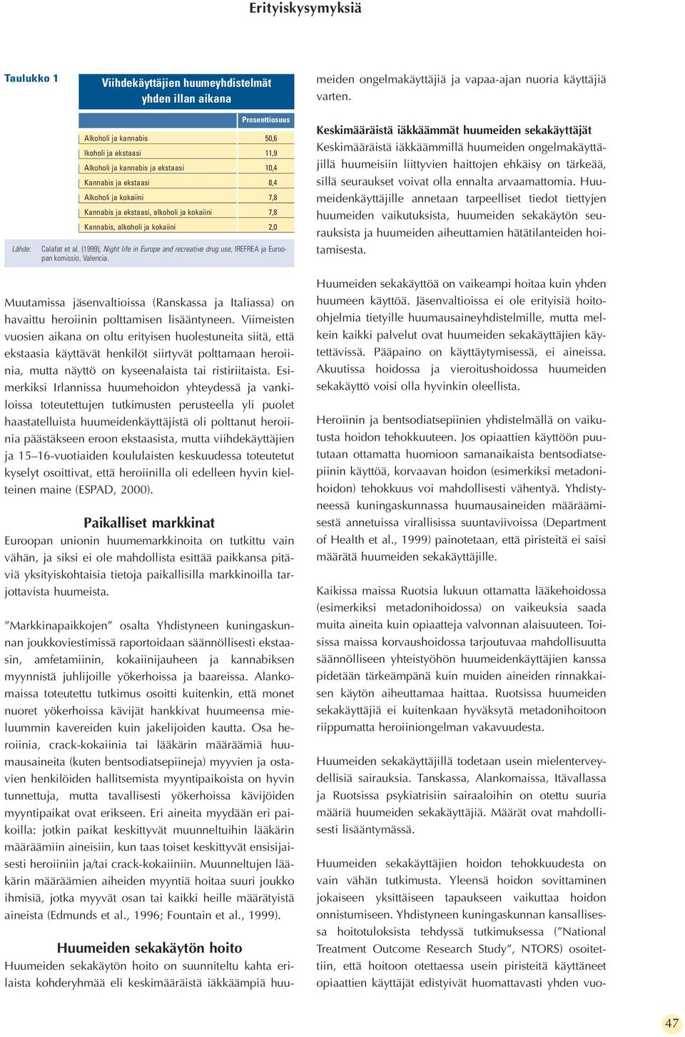 kokaiini 7,8 Kannabis, alkoholi ja kokaiini 2,0 Calafat et al. (1999), Night life in Europe and recreative drug use, IREFREA ja Euroopan komissio, Valencia.