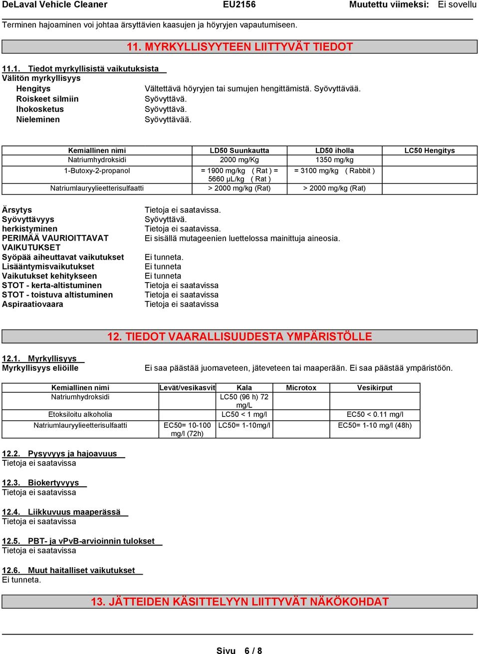Kemiallinen nimi LD50 Suunkautta LD50 iholla LC50 Hengitys Natriumhydroksidi 2000 mg/kg 1350 mg/kg 1-Butoxy-2-propanol = 1900 mg/kg ( Rat ) = = 3100 mg/kg ( Rabbit ) 5660 µl/kg ( Rat )