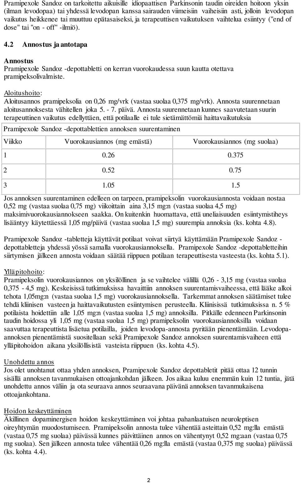 2 Annostus ja antotapa Annostus Pramipexole Sandoz -depottabletti on kerran vuorokaudessa suun kautta otettava pramipeksolivalmiste.