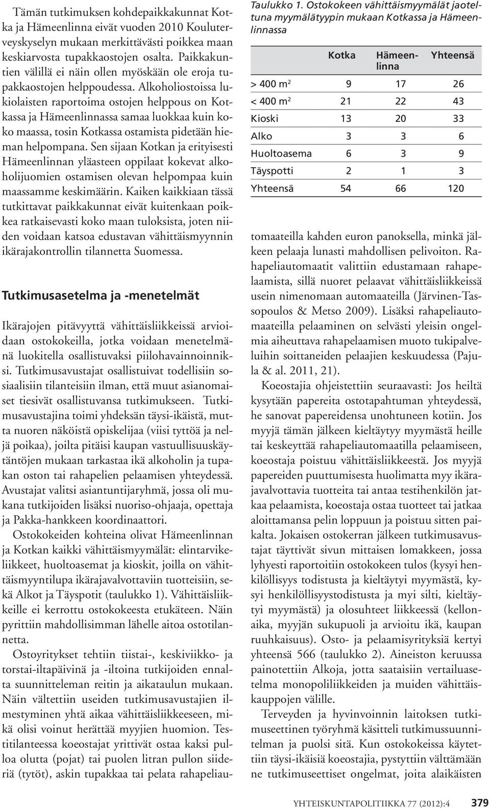 Alkoholiostoissa lukiolaisten raportoima ostojen helppous on Kotkassa ja Hämeenlinnassa samaa luokkaa kuin koko maassa, tosin Kotkassa ostamista pidetään hieman helpompana.