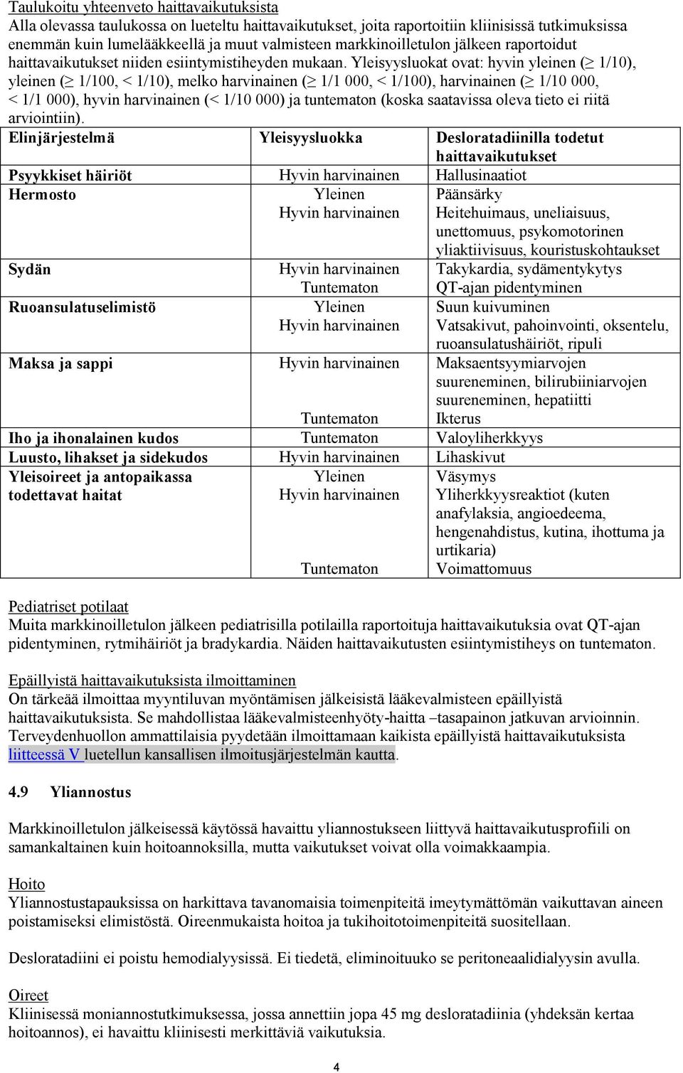 Yleisyysluokat ovat: hyvin yleinen ( 1/10), yleinen ( 1/100, < 1/10), melko harvinainen ( 1/1 000, < 1/100), harvinainen ( 1/10 000, < 1/1 000), hyvin harvinainen (< 1/10 000) ja tuntematon (koska