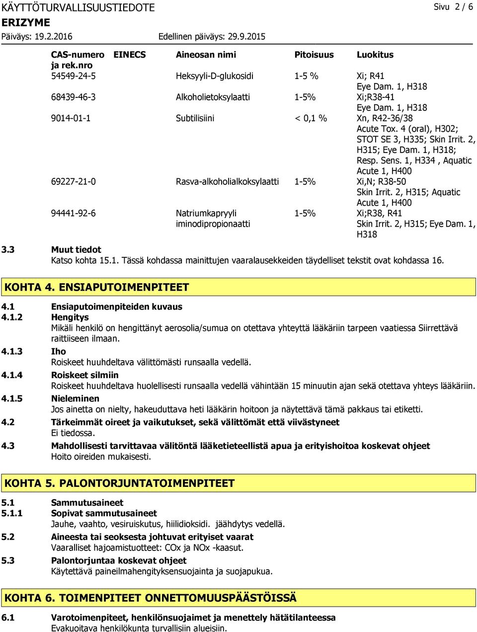 Sens. 1, H334, Aquatic Acute 1, H400 69227210 Rasvaalkoholialkoksylaatti 15% Xi,N; R3850 Skin Irrit.