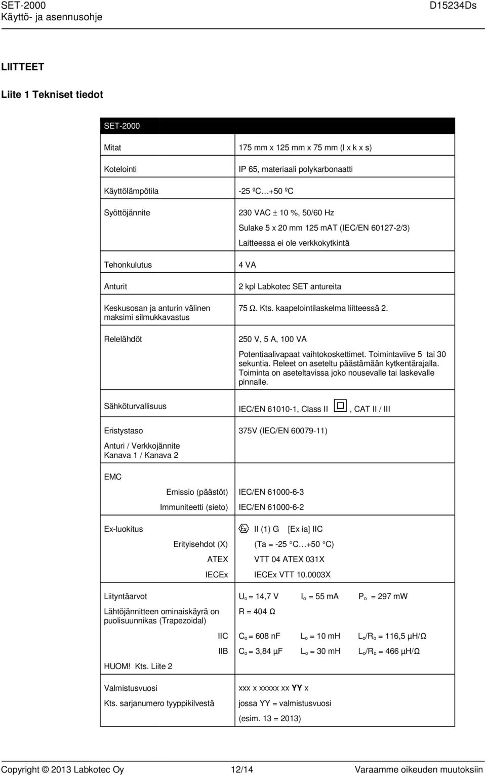 75 Ω.. Kts. kaapelointilaskelma liitteessä 2. 250 V, 5 A, 100 VA Potentiaalivapaat vaihtokoskettimet. Toimintaviive 5 tai 30 sekuntia. Releet on aseteltu päästämään kytkentärajalla.