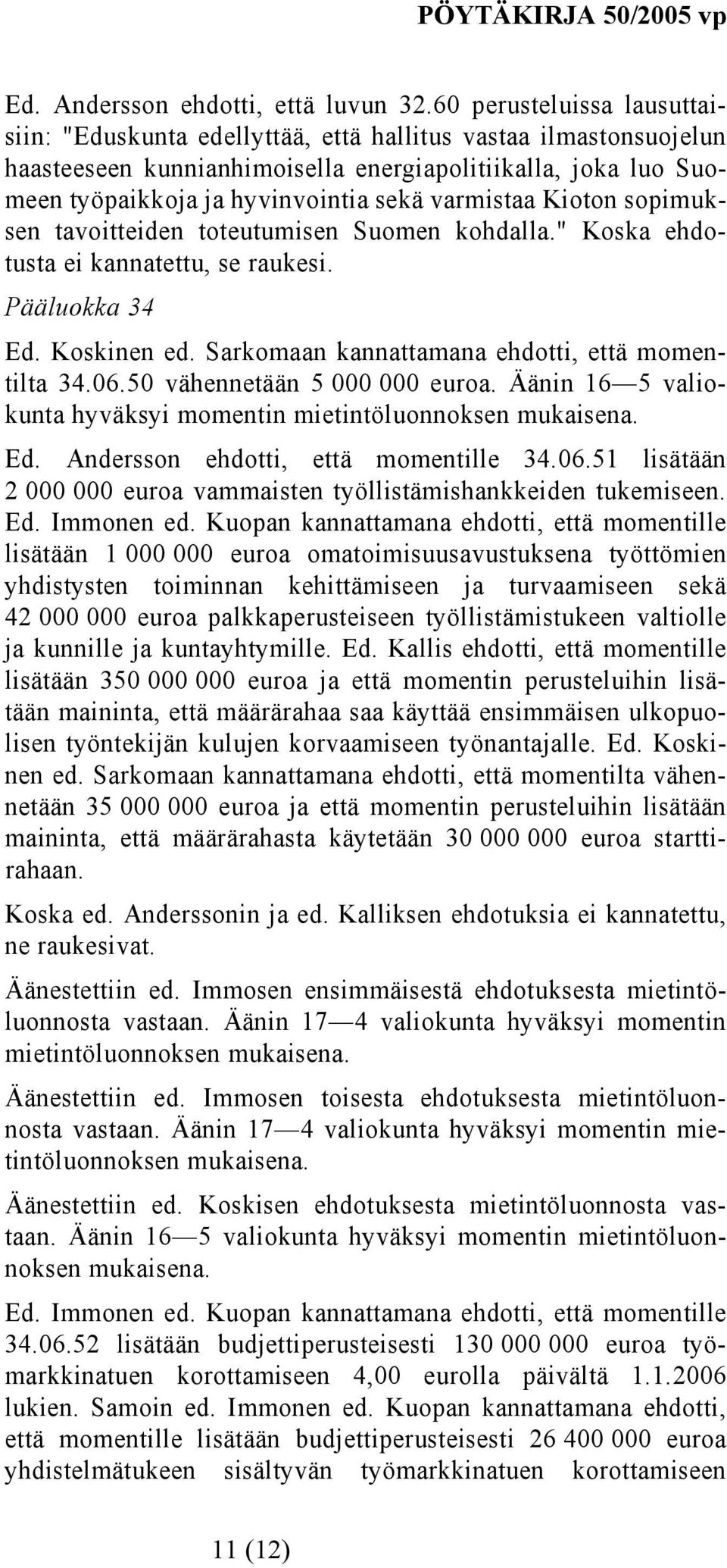 varmistaa Kioton sopimuksen tavoitteiden toteutumisen Suomen kohdalla." Koska ehdotusta ei kannatettu, se raukesi. Pääluokka 34 Ed. Koskinen ed. Sarkomaan kannattamana ehdotti, että momentilta 34.06.