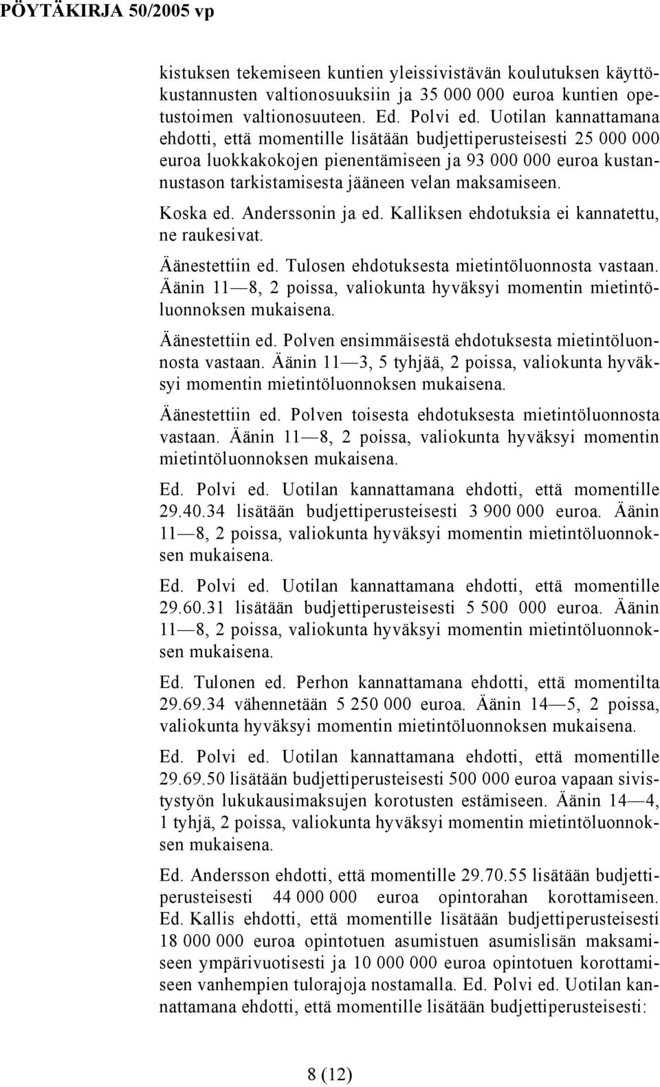 Koska ed. Anderssonin ja ed. Kalliksen ehdotuksia ei kannatettu, ne raukesivat. Äänestettiin ed. Tulosen ehdotuksesta mietintöluonnosta vastaan.