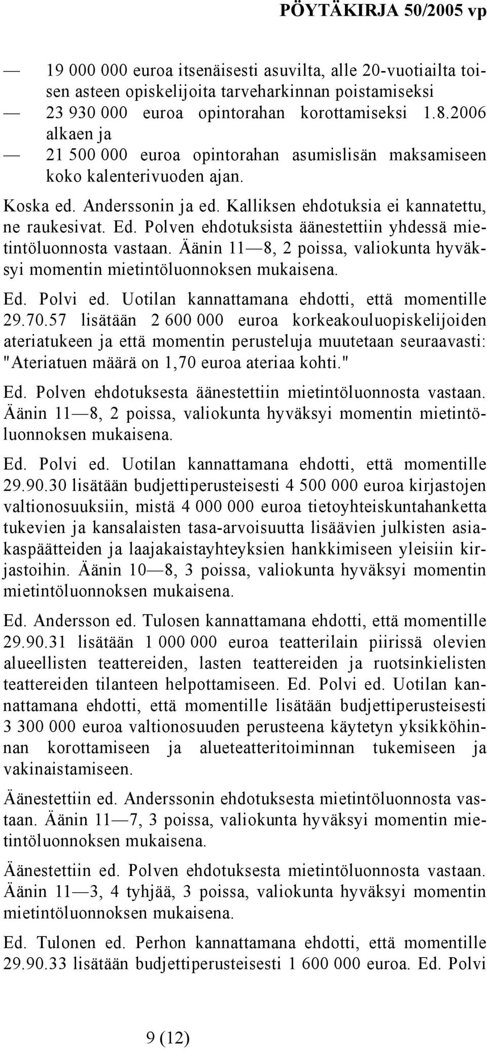 Polven ehdotuksista äänestettiin yhdessä mietintöluonnosta vastaan. Äänin 11 8, 2 poissa, valiokunta hyväksyi momentin mietintöluonnoksen Ed. Polvi ed.