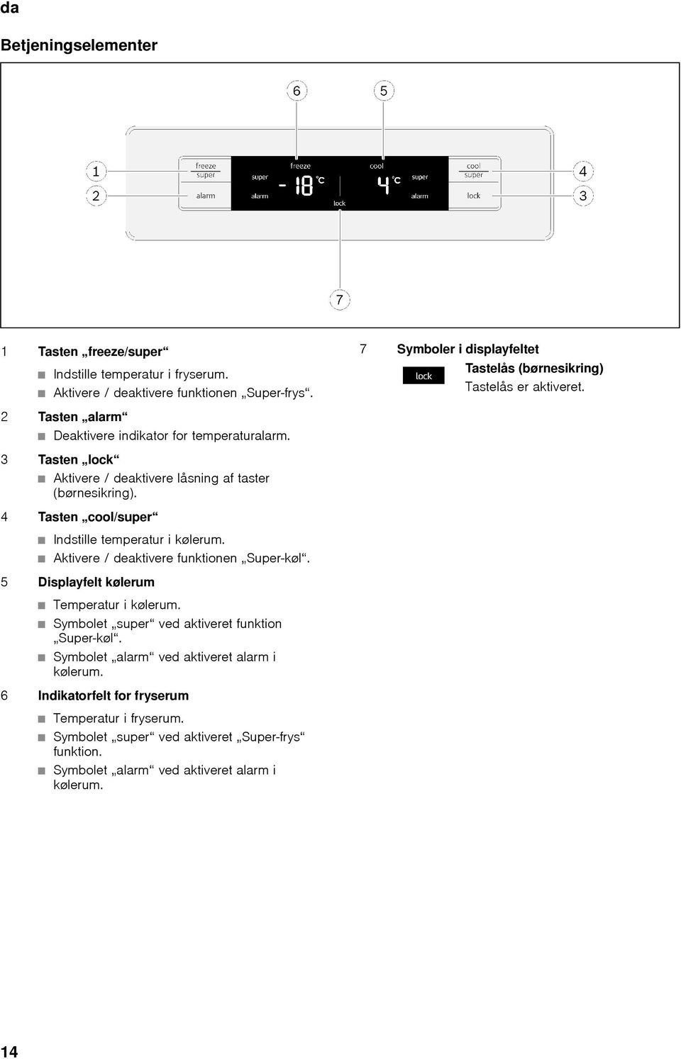 3 Tasten lock Aktivere / deaktivere låsning af taster (børnesikring). 4 Tasten cool/super Indstille temperatur i kølerum. Aktivere / deaktivere funktionen Super-køl.