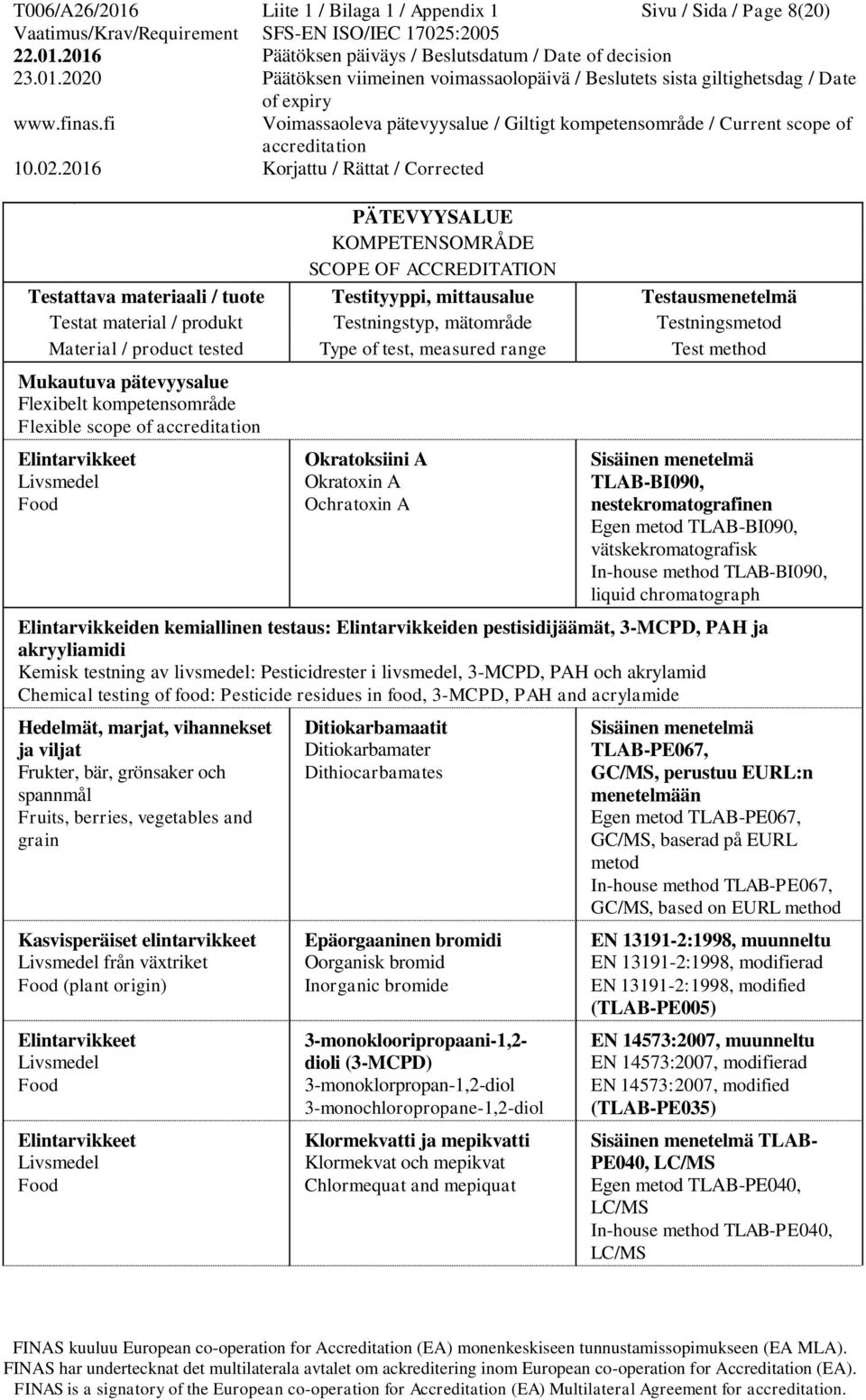 ja akryyliamidi Kemisk testning av livsmedel: Pesticidrester i livsmedel, 3-MCPD, PAH och akrylamid Chemical testing of food: Pesticide residues in food, 3-MCPD, PAH and acrylamide Hedelmät, marjat,