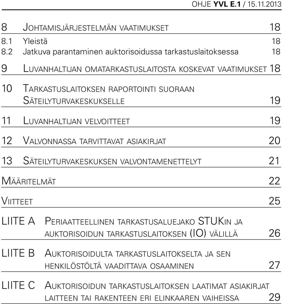 Säteilyturvakeskukselle 19 11 Luvanhaltijan velvoitteet 19 12 Valvonnassa tarvittavat asiakirjat 20 13 Säteilyturvakeskuksen valvontamenettelyt 21 Määritelmät 22 Viitteet 25