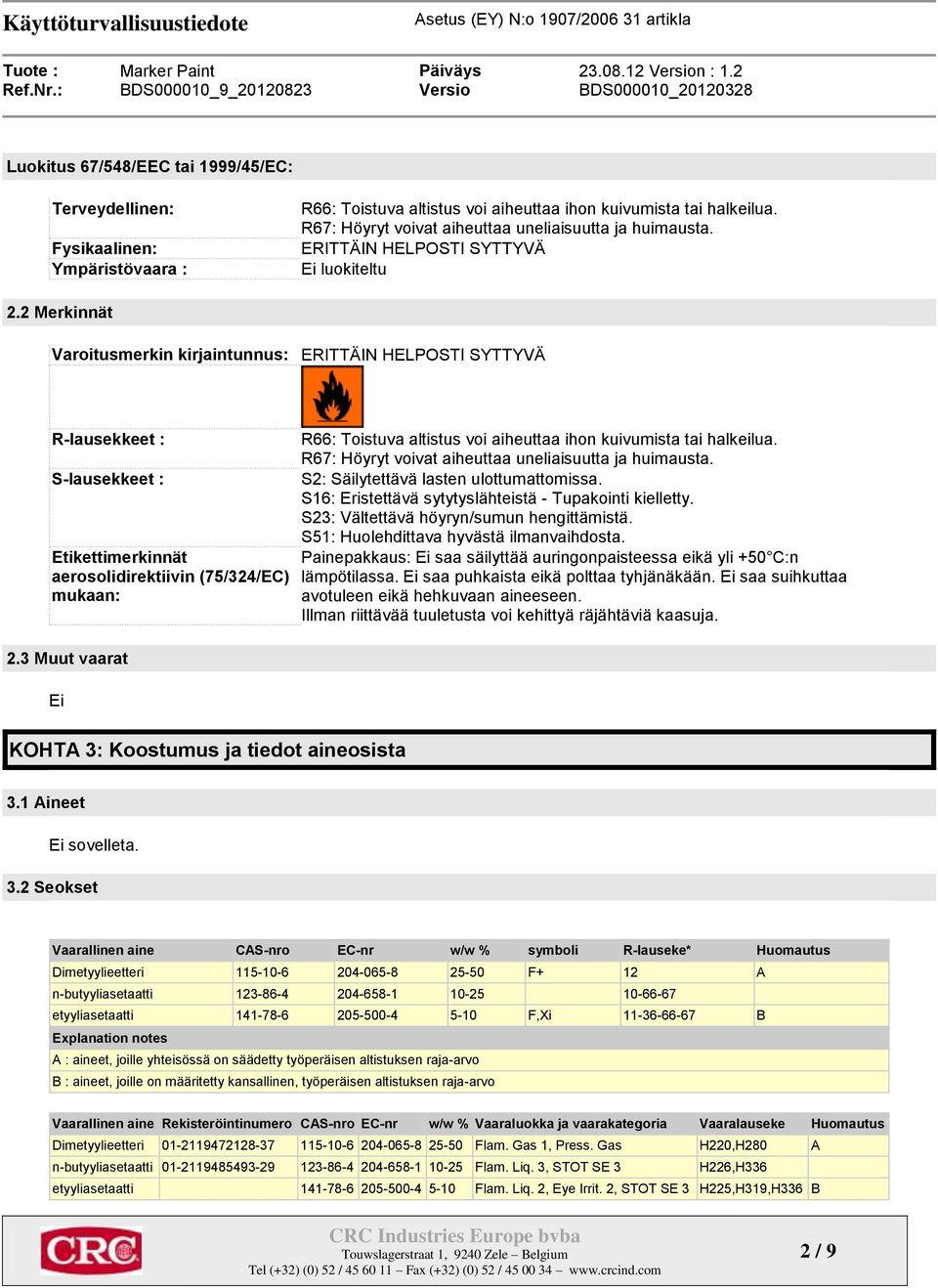 2 Merkinnät Varoitusmerkin kirjaintunnus: ERITTÄIN HELPOSTI SYTTYVÄ R-lausekkeet : S-lausekkeet : Etikettimerkinnät aerosolidirektiivin (75/324/EC) mukaan: 2.