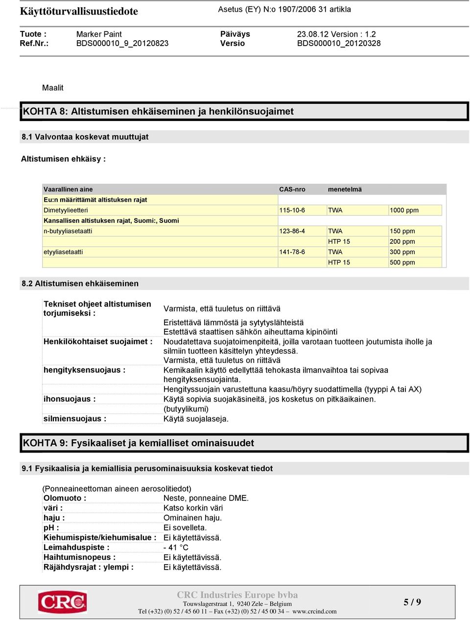 Suomi:, Suomi n-butyyliasetaatti 123-86-4 TWA 150 ppm HTP 15 200 ppm etyyliasetaatti 141-78-6 TWA 300 ppm HTP 15 500 ppm 8.