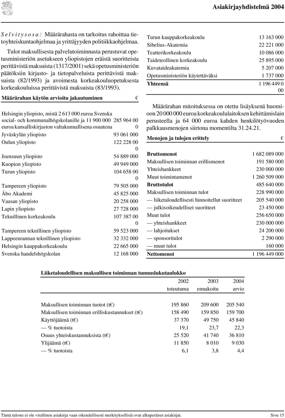 tietopalveluista perittävistä maksuista (82/1993) ja avoimesta korkeakouluopetuksesta korkeakouluissa perittävistä maksuista (83/1993).