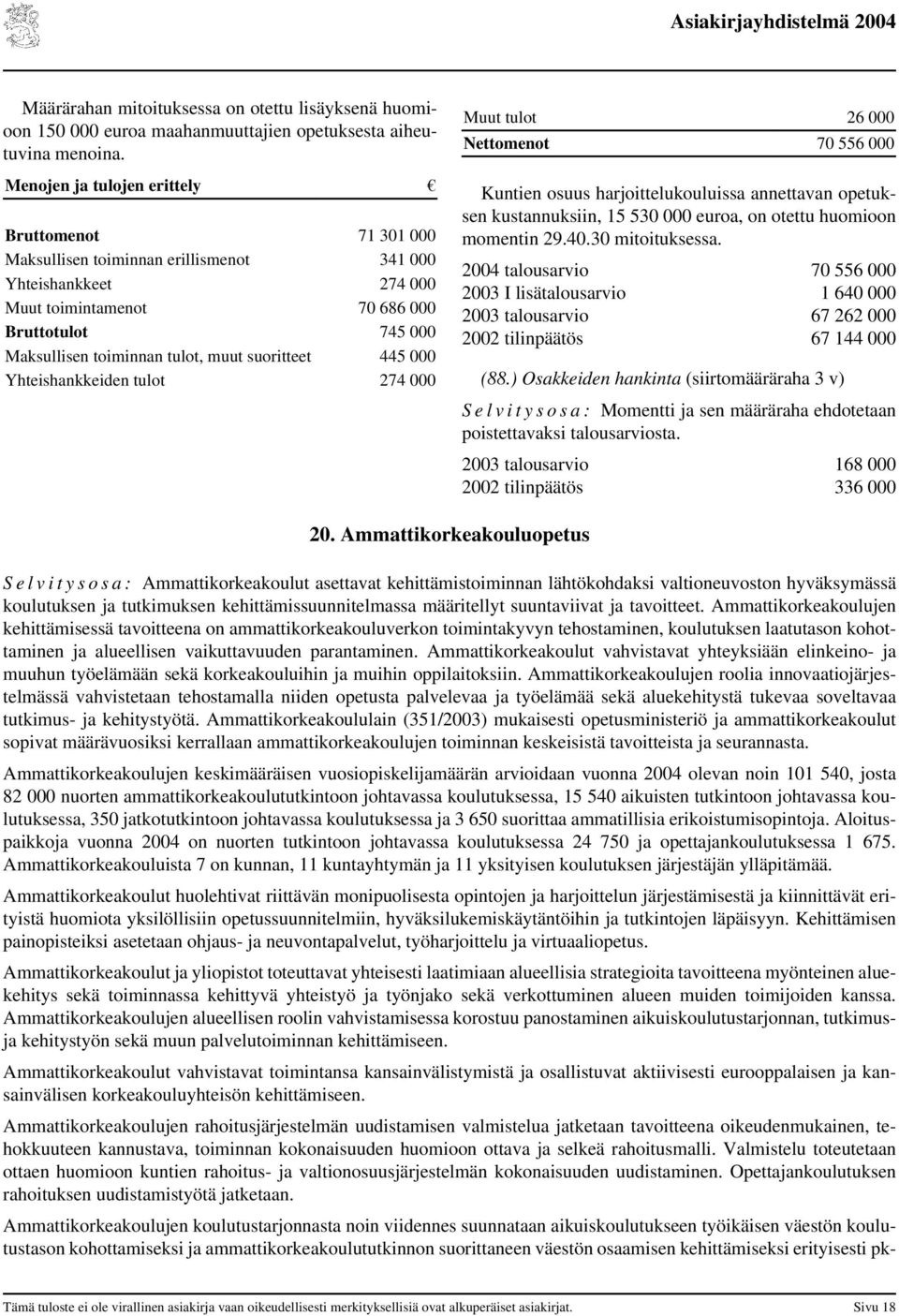 Yhteishankkeiden tulot 274 Muut tulot 26 Nettomenot 7 556 Kuntien osuus harjoittelukouluissa annettavan opetuksen kustannuksiin, 15 53 euroa, on otettu huomioon momentin 29.4.3 mitoituksessa.