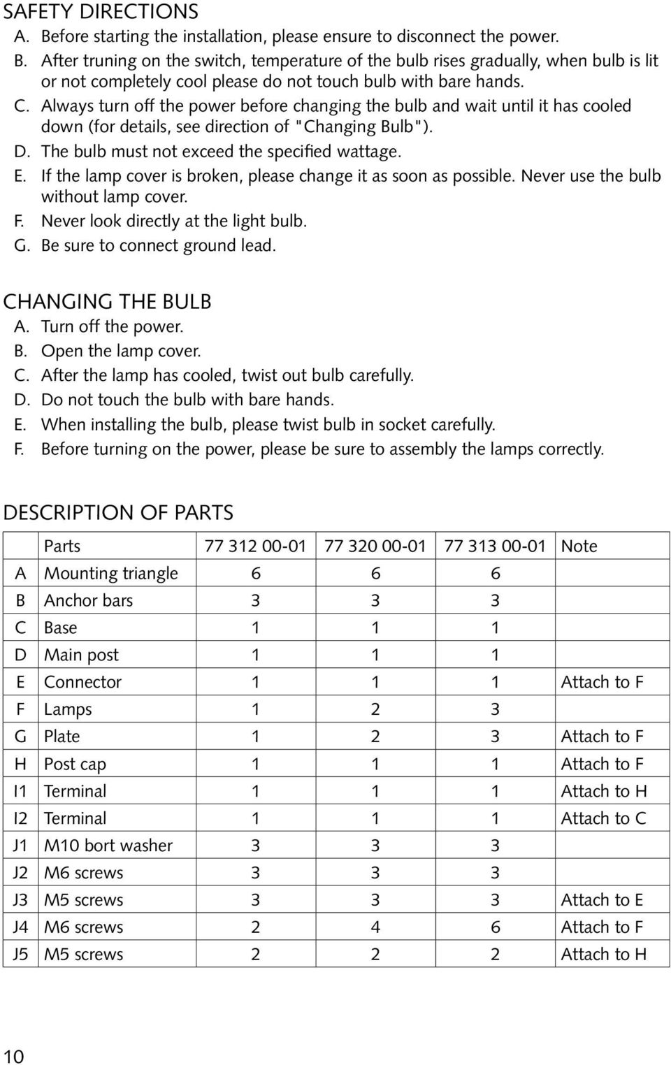 If the lamp cover is broken, please change it as soon as possible. Never use the bulb without lamp cover. F. Never look directly at the light bulb. G. Be sure to connect ground lead.