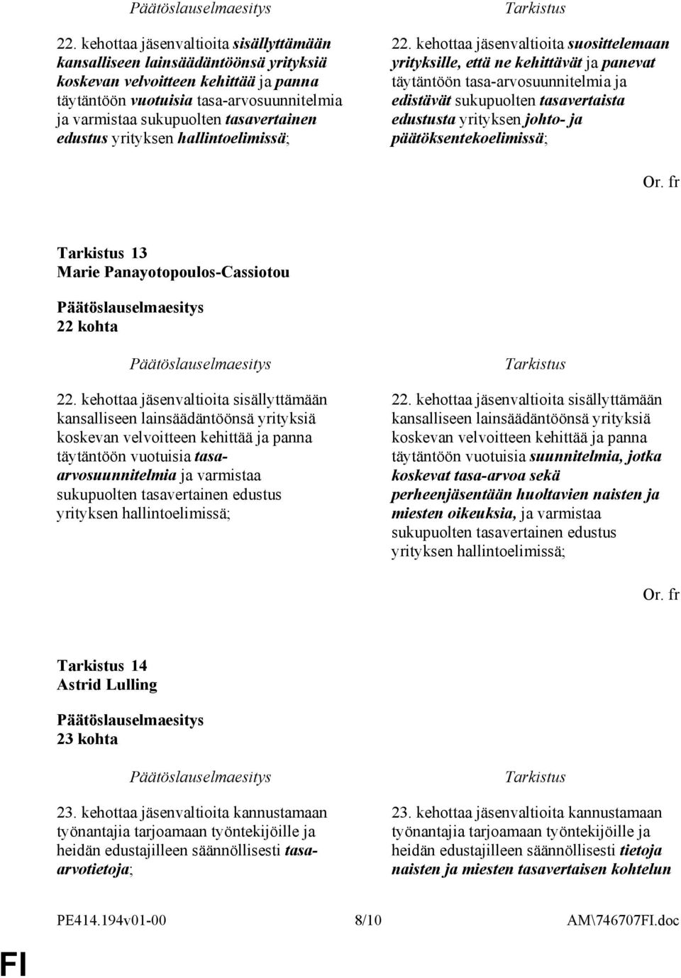 kehottaa jäsenvaltioita suosittelemaan yrityksille, että ne kehittävät ja panevat täytäntöön tasa-arvosuunnitelmia ja edistävät sukupuolten tasavertaista edustusta yrityksen johto- ja