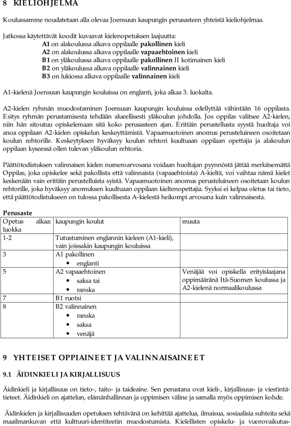 oppilaalle pakollinen II kotimainen kieli B2 on yläkoulussa alkava oppilaalle valinnainen kieli B3 on lukiossa alkava oppilaalle valinnainen kieli A1 kielenä Joensuun kaupungin kouluissa on englanti,