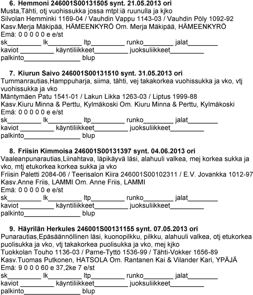 2013 ori Tummanrautias,Hamppuharja, siima, tähti, vej takakorkea vuohissukka ja vko, vtj vuohissukka ja vko Mäntymäen Patu 1541-01 / Lakun Likka 1263-03 / Liptus 1999-88 Kasv.