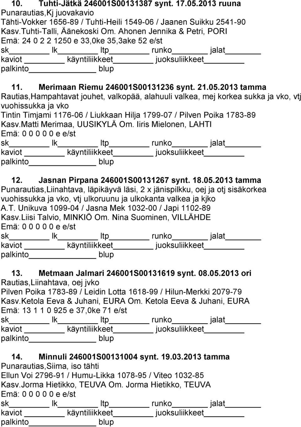 2013 tamma Rautias,Hampahtavat jouhet, valkopää, alahuuli valkea, mej korkea sukka ja vko, vtj vuohissukka ja vko Tintin Timjami 1176-06 / Liukkaan Hilja 1799-07 / Pilven Poika 1783-89 Kasv.