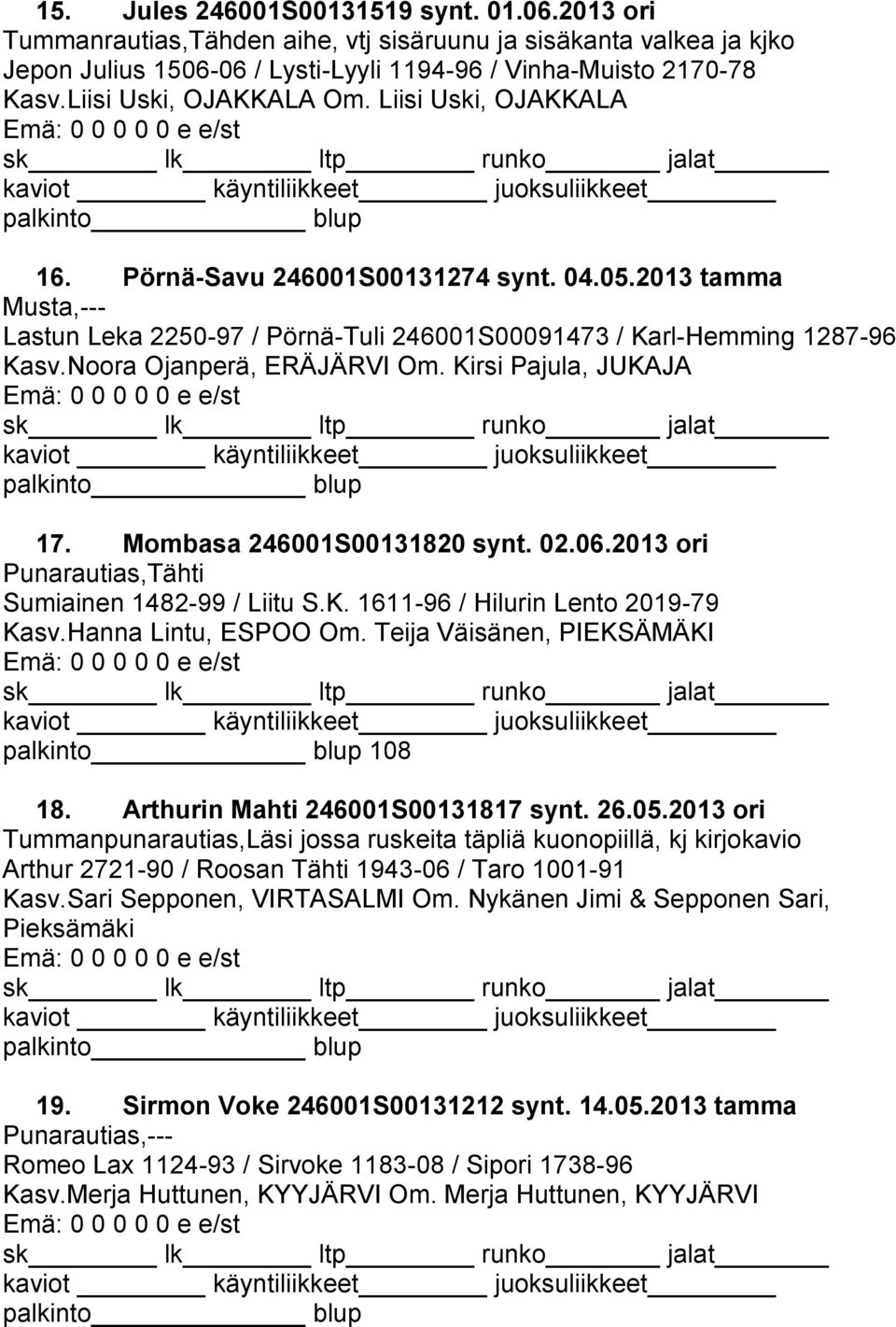 Noora Ojanperä, ERÄJÄRVI Om. Kirsi Pajula, JUKAJA 17. Mombasa 246001S00131820 synt. 02.06.2013 ori Punarautias,Tähti Sumiainen 1482-99 / Liitu S.K. 1611-96 / Hilurin Lento 2019-79 Kasv.