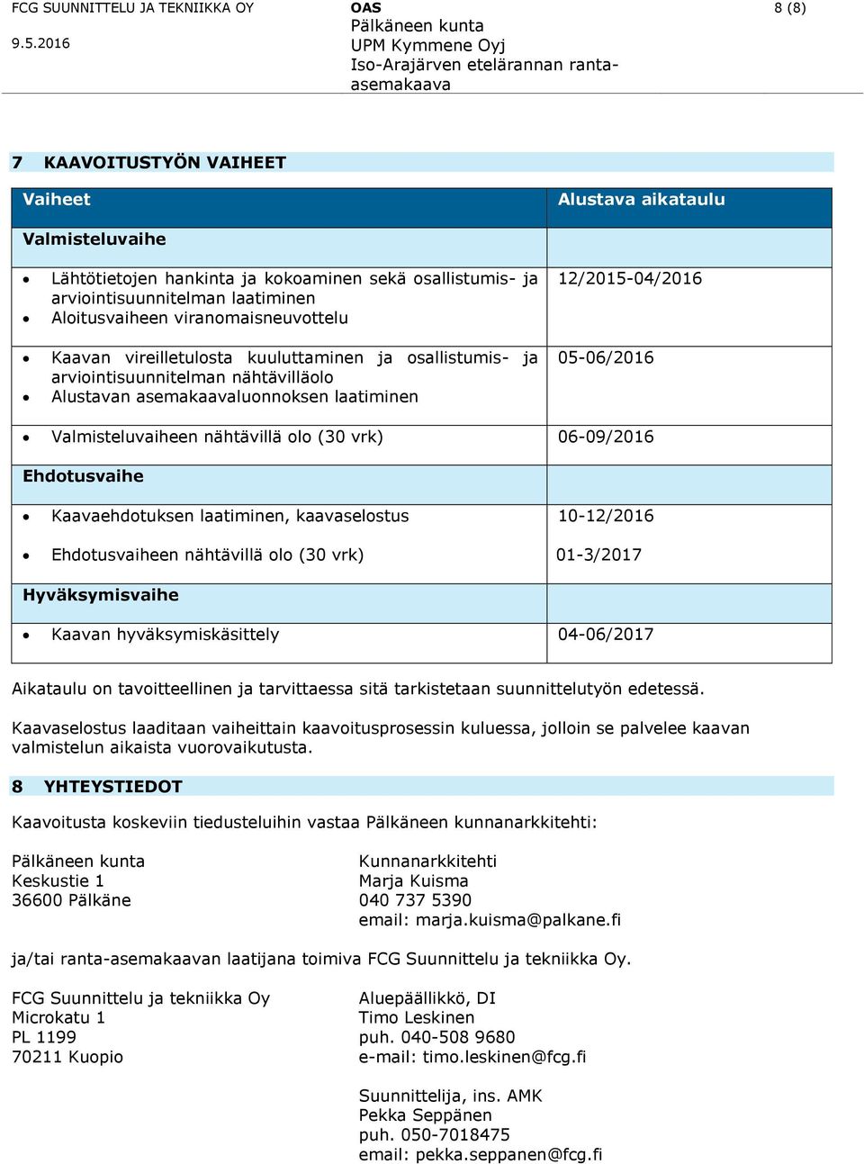 05-06/2016 Valmisteluvaiheen nähtävillä olo (30 vrk) 06-09/2016 Ehdotusvaihe Kaavaehdotuksen laatiminen, kaavaselostus Ehdotusvaiheen nähtävillä olo (30 vrk) 10-12/2016 01-3/2017 Hyväksymisvaihe