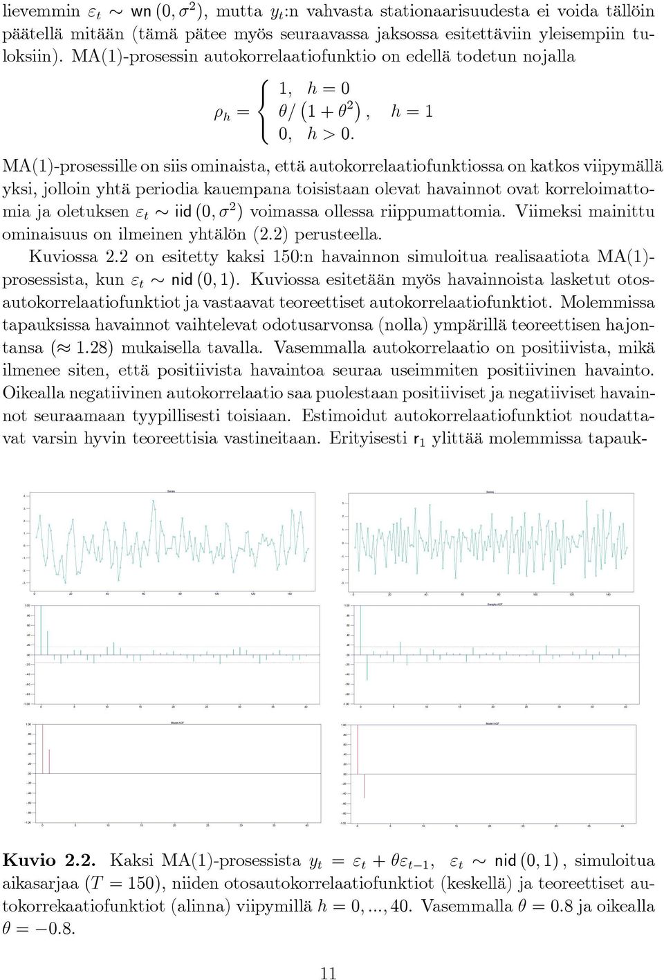 MA(1)-prosessille on siis ominaista, että autokorrelaatiofunktiossa on katkos viipymällä yksi, jolloin yhtä periodia kauempana toisistaan olevat havainnot ovat korreloimattomia ja oletuksen ε t iid