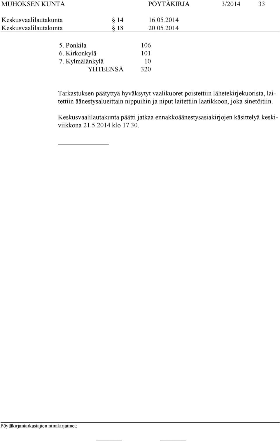 Kylmälänkylä 10 YHTEENSÄ 320 Tarkastuksen päätyttyä hyväksytyt vaalikuoret poistettiin lähetekirjekuorista,