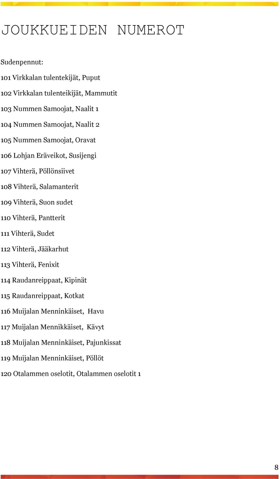 Vihterä, Pantterit 111 Vihterä, Sudet 112 Vihterä, Jääkarhut 113 Vihterä, Fenixit 114 Raudanreippaat, Kipinät 115 Raudanreippaat, Kotkat 116 Muijalan