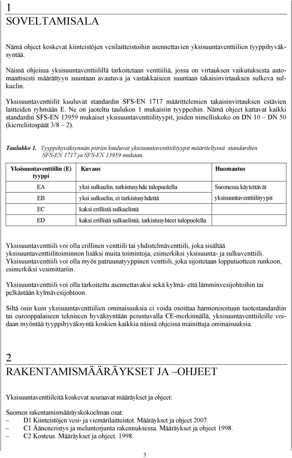 sulkuelin. Yksisuuntaventtiilit kuuluvat standardin SFS-EN 1717 määrittelemien takaisinvirtauksen estävien laitteiden ryhmään E. Ne on jaoteltu taulukon 1 mukaisiin tyyppeihin.