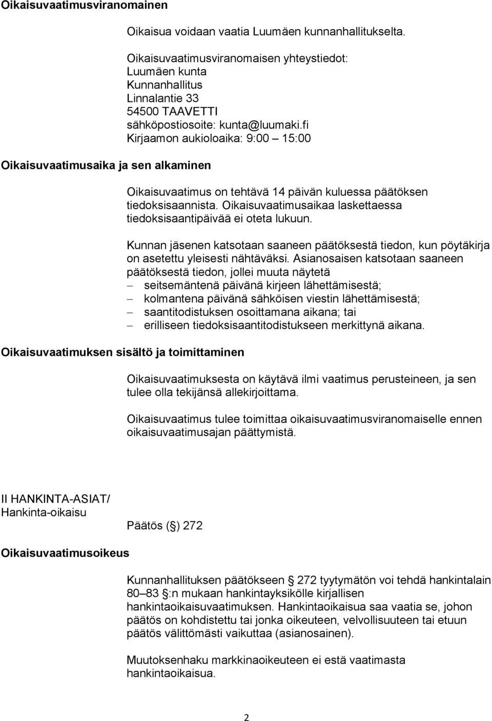 fi Kirjaamon aukioloaika: 9:00 15:00 Oikaisuvaatimuksen sisältö ja toimittaminen Oikaisuvaatimus on tehtävä 14 päivän kuluessa päätöksen tiedoksisaannista.