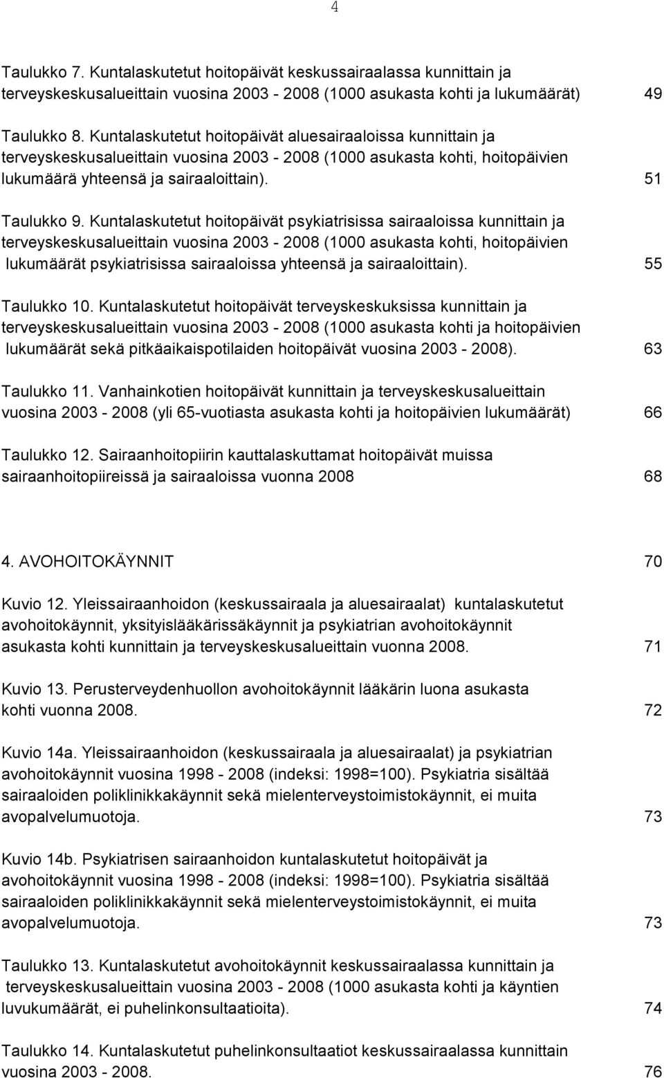 Kuntalaskutetut hoitopäivät psykiatrisissa sairaaloissa kunnittain ja terveyskeskusalueittain vuosina 2003-2008 (1000 asukasta kohti, hoitopäivien lukumäärät psykiatrisissa sairaaloissa yhteensä ja