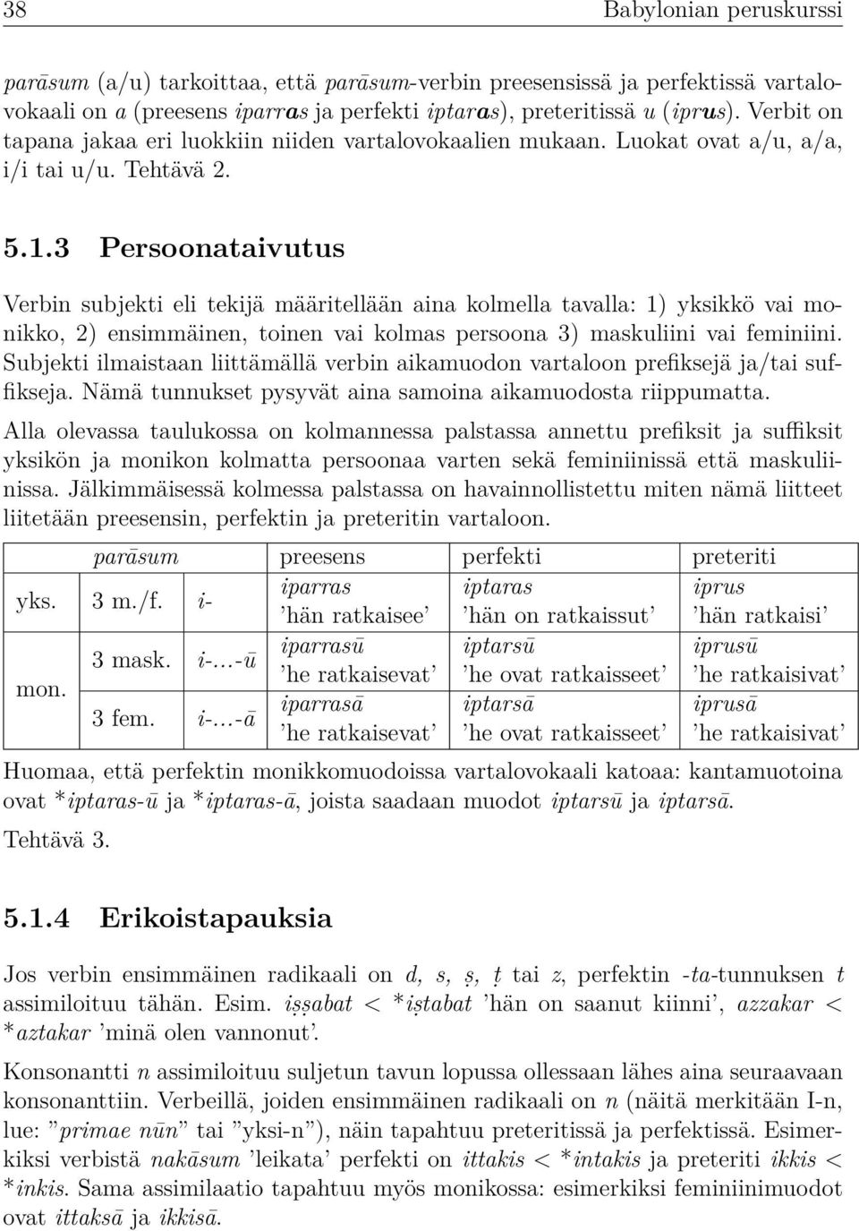 3 Persoonataivutus Verbin subjekti eli tekijä määritellään aina kolmella tavalla: 1) yksikkö vai monikko, 2) ensimmäinen, toinen vai kolmas persoona 3) maskuliini vai feminiini.