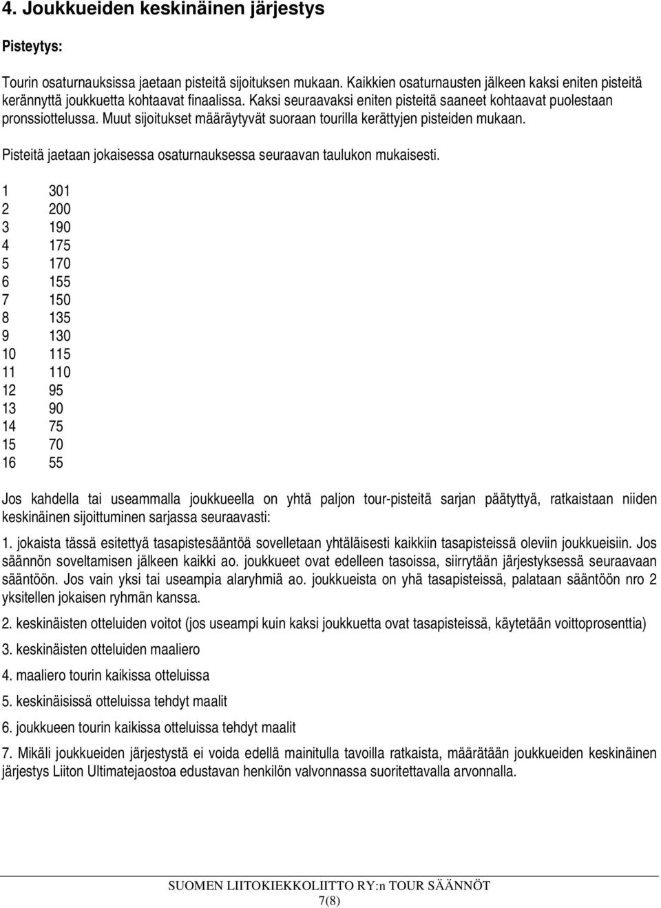 Muut sijoitukset määräytyvät suoraan tourilla kerättyjen pisteiden mukaan. Pisteitä jaetaan jokaisessa osaturnauksessa seuraavan taulukon mukaisesti.